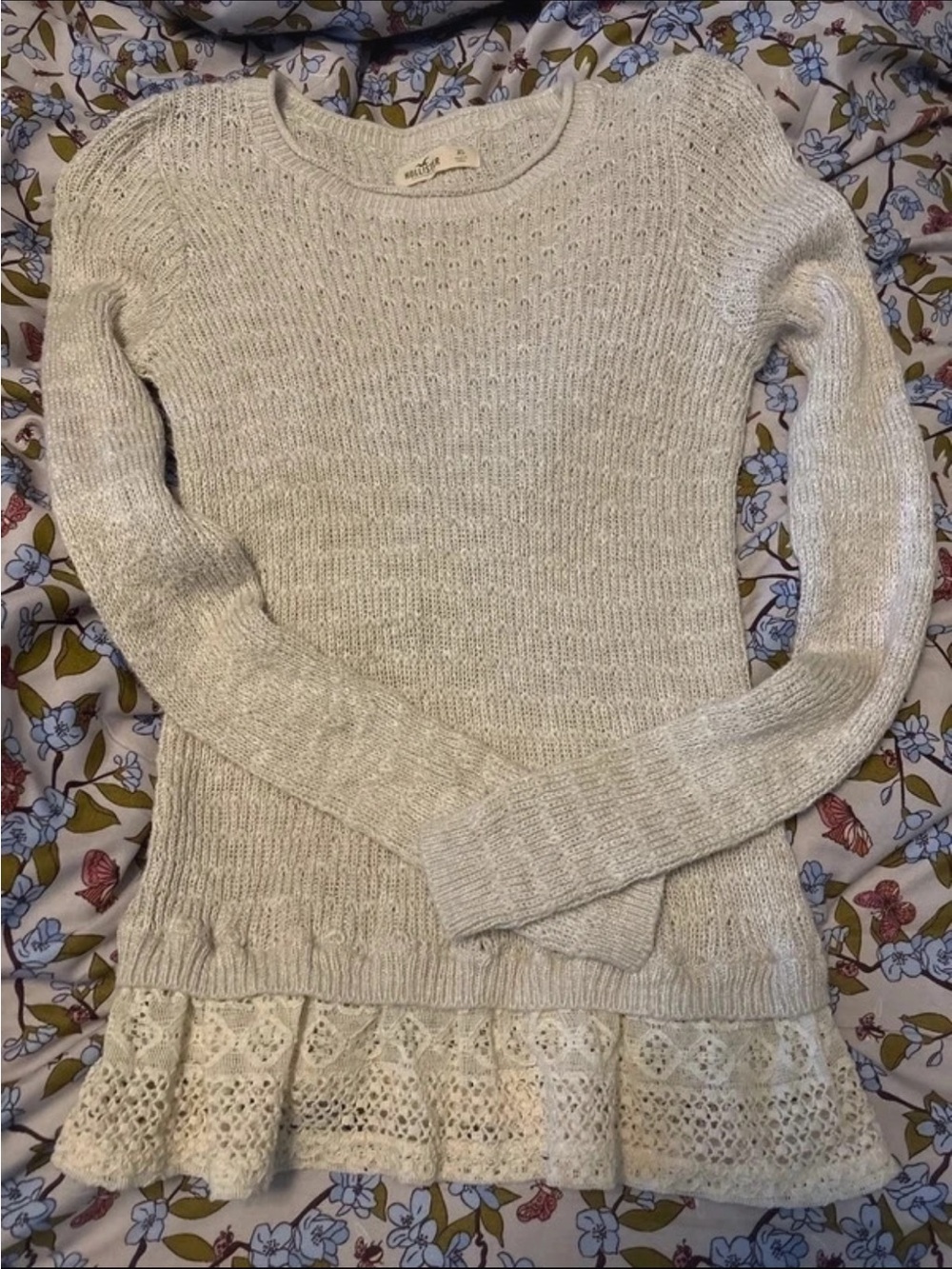 American Eagle Women’s Cream Knit Sweater with Lace Hem